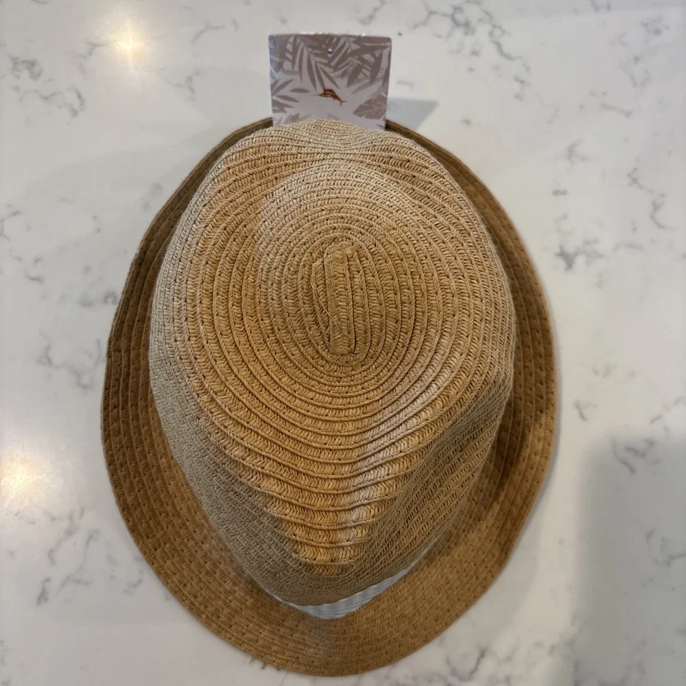 Tommy‎ Bahama Kids Straw Fedora Hat Seersucker Striped Band Vacation Summer NWT